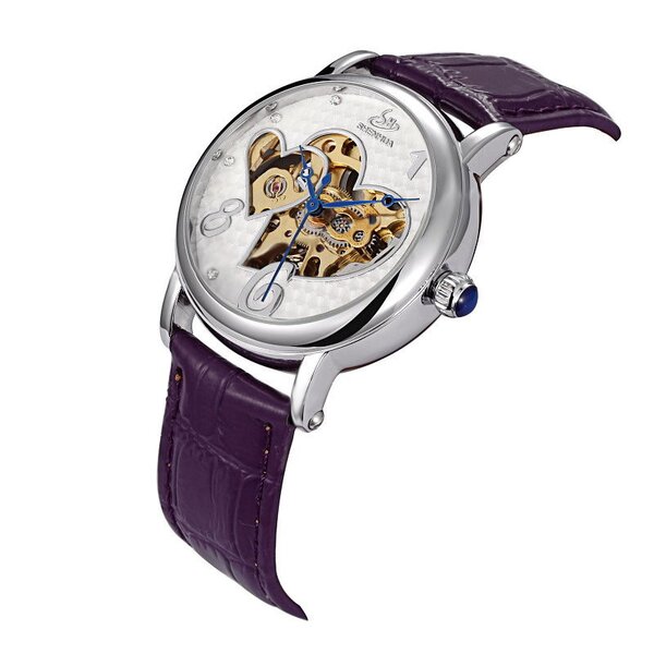 Damen Armbanduhr Herz Mechanisch Automatik Skelett mit Zirkonias Armband aus  Echt Leder lila