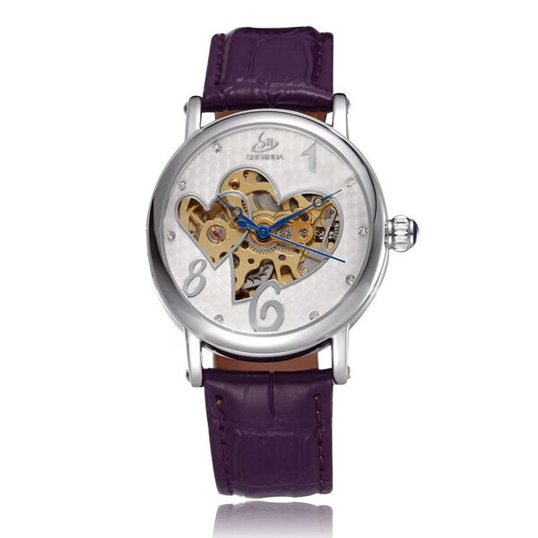 Damen Armbanduhr Herz Mechanisch Automatik Skelett mit Zirkonias Armband aus  Echt Leder lila