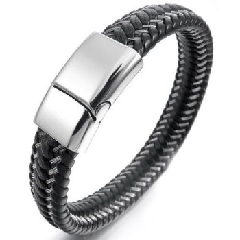 Leder Armband geflochten schwarz Edelstahl GRAVUR OPTION