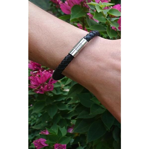 Armband ECHT LEDER geflochten schwarz 316 L Edelstahl Magnet Verschluss