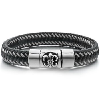 Leder Armband geflochten schwarz FLEUR DE LIS 316 L...