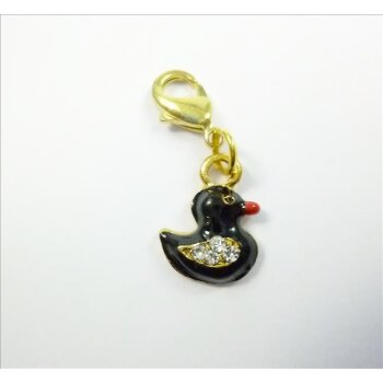 Enten Charm gold schwarz  mit Strass &  Emaille