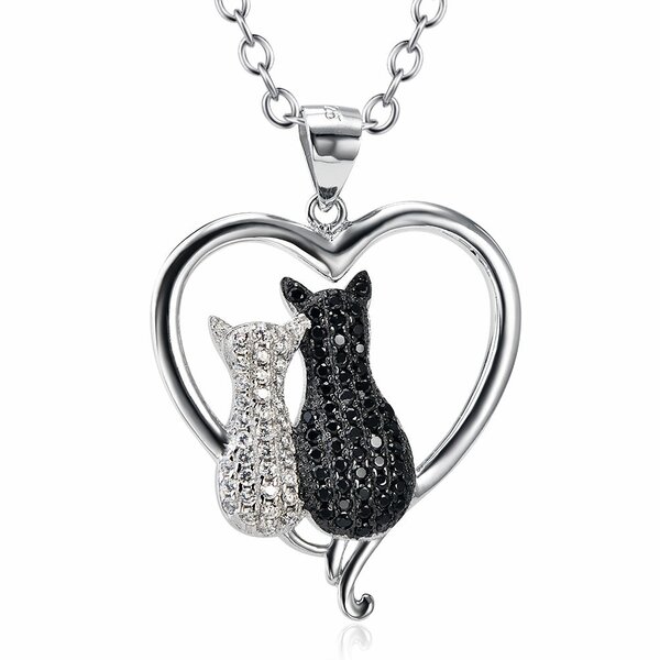 Anhänger Herz KITTY Love Katzen aus 925 Silber mit Zirkonias klar & schwarz pave inkl. Gliederkette im Etui