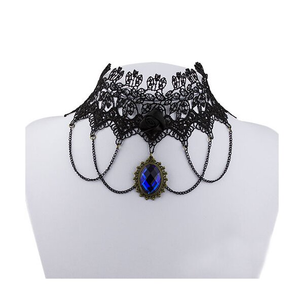 Gothic Barock Choker Collier aus Spitze mit Amulett Royal blau & Satin Rose