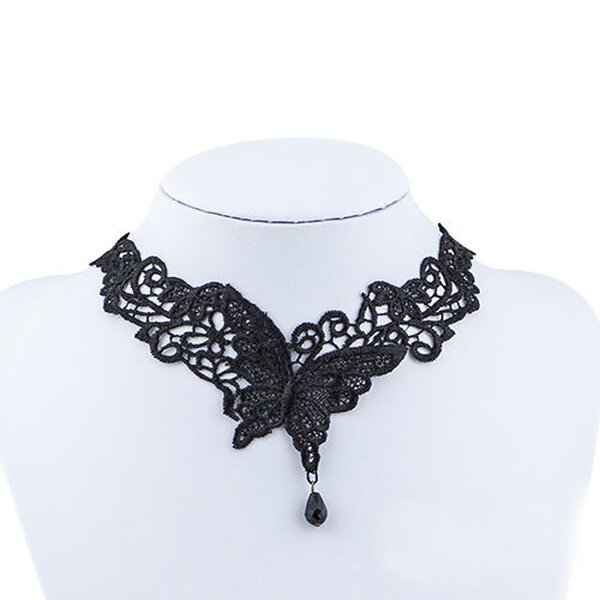 Gothic Barock Choker Collier Schmetterling aus Spitze mit Perlen schwarz