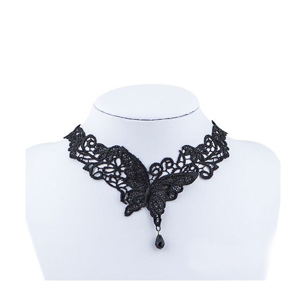 Gothic Barock Choker Collier Schmetterling aus Spitze mit Perlen schwarz