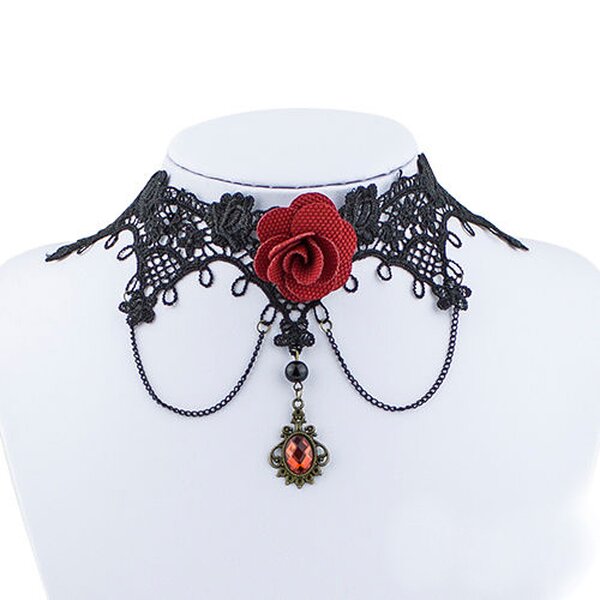 Gothic Barock Choker Collier aus Spitze mit Amulett rot &  Rose