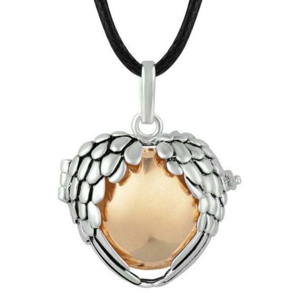 Anhänger Engelsflügel Herz  Klangkugel Harmony gelbgold  mit 925 Silber versilbert inkl. Kette