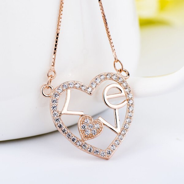 Collier Herz LOVE mit Zirkonias pave aus 925 Silber Rosegold vergoldet inkl. Kette  im Etui