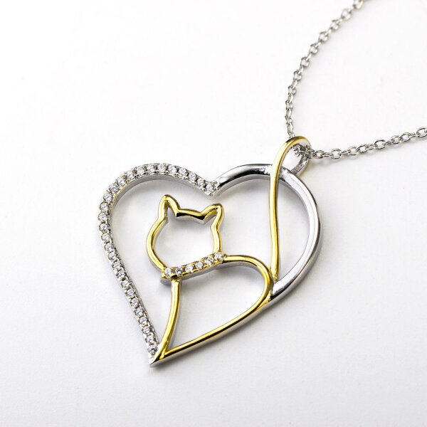 Anhnger Katze Cat Love aus 925 Silber Zirkonias mit Gelbgold Teil vergoldet inkl. Gliederkette im Etui