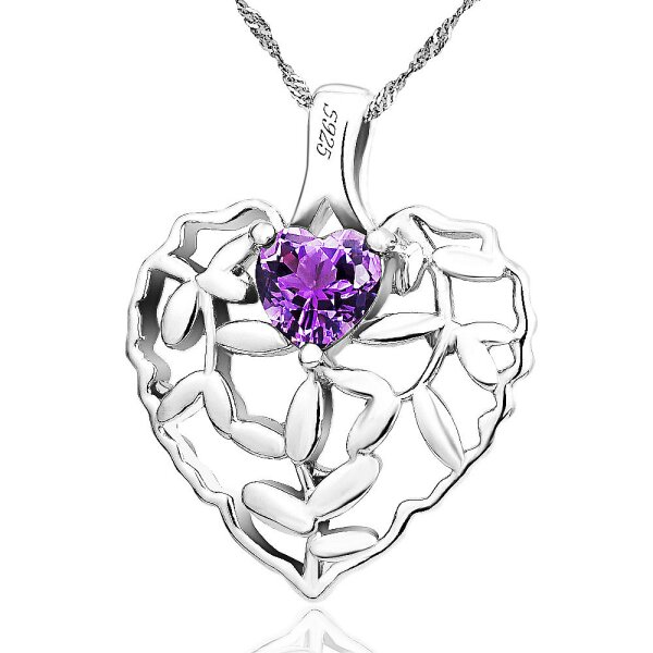 Anhänger Herz mit Amethyst aus 925 Silber inkl. Figaro Kette im Etui