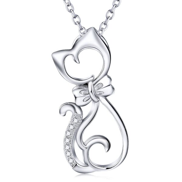 Anhnger Katze mit Schleife aus 925 Silber mit Zirkonias inkl. Gliederkette im Etui