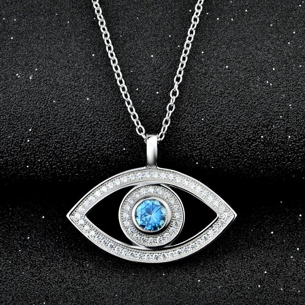 Anhänger Auge Evil Eye mit Zirkonias & Aquamarin aus 925 Silber inkl. Kette im Etui
