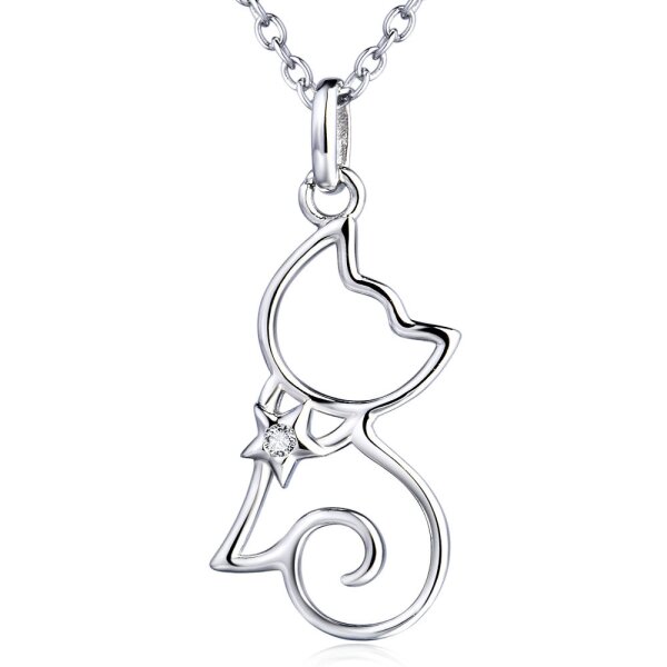 Anhänger Katze mit Zirkonia Stern aus 925 Silber inkl. Gliederkette im Etui