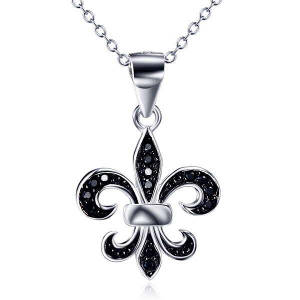 Anhnger Fleur de Lis aus 925 Silber mit Zirkonias schwarz  inkl. Gliederkette im Etui