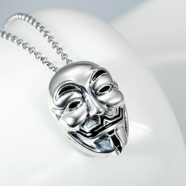 Anhänger Anonymous Maske 3D aus 925 Silber inkl. Kette im Etui