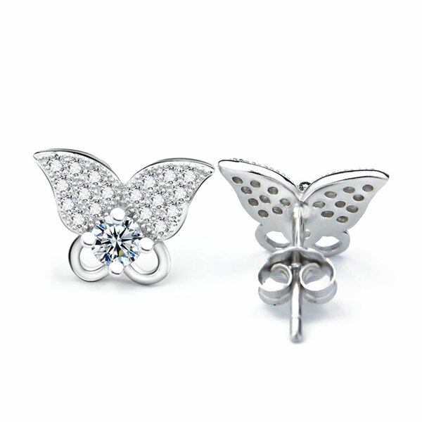 1 Paar Ohr Stecker Schmetterling mit Zirkonias klar pave aus 925 Silber im Etui