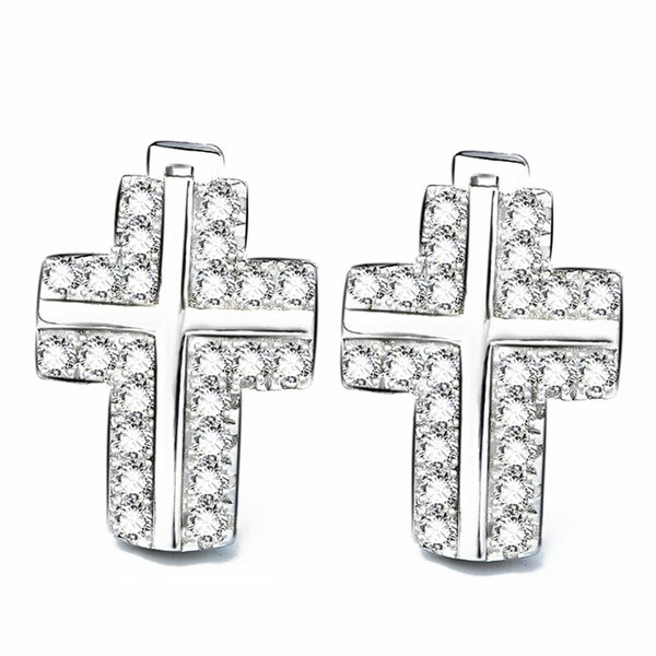 1 Paar Ohr Stecker Kreuze mit Zirkonias klar pave aus 925 Silber im Etui