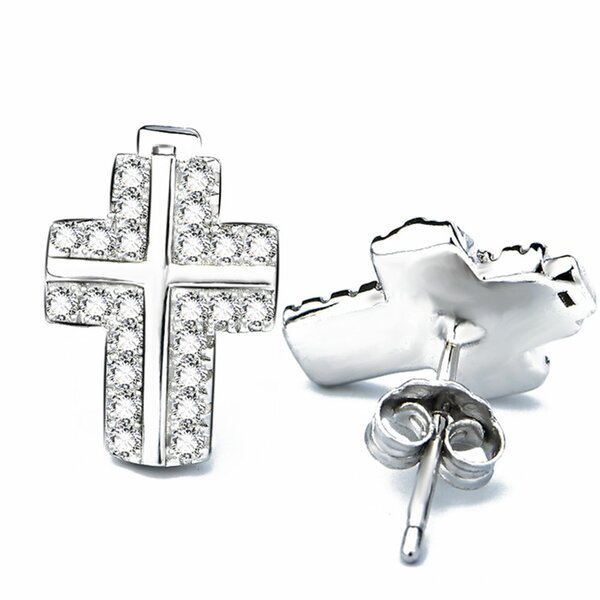 1 Paar Ohr Stecker Kreuze mit Zirkonias klar pave aus 925 Silber im Etui