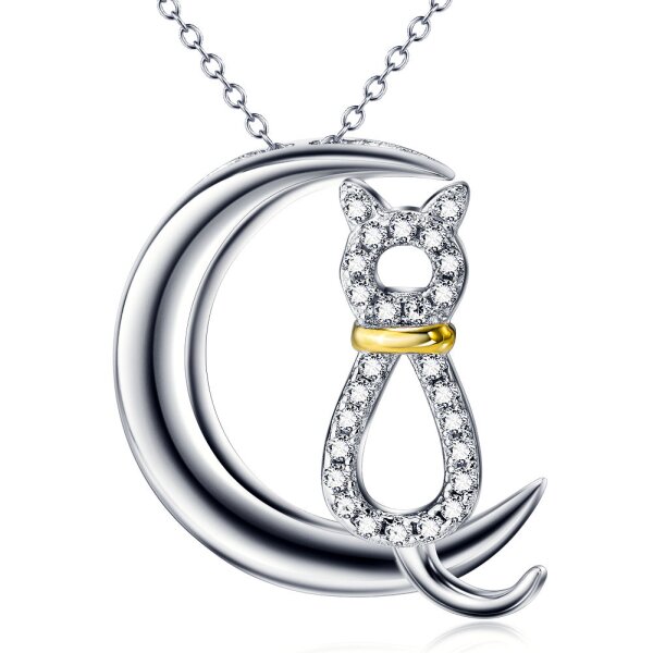 Anhnger Katze Moon aus 925 Silber Zirkonias mit Gelbgold Teil vergoldet inkl. Gliederkette im Etui