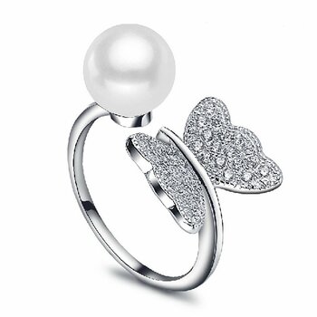 Silberring Zucht Perle weiß & Schmetterling mit Zirkonias...