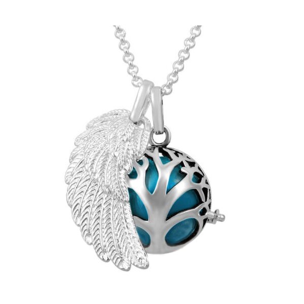 4 tlg. SET Engelsflügel Anhänger inkl. Lebensbaum Käfig, Klangkugel Harmony himmelblau & Kette im Etui