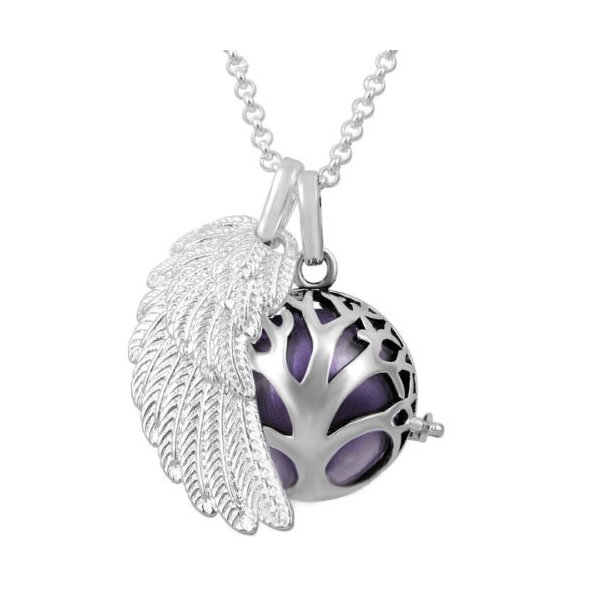4 tlg. SET Engelsflügel Anhänger inkl. Lebensbaum Käfig, Klangkugel Harmony metallic lila & Kette im Etui