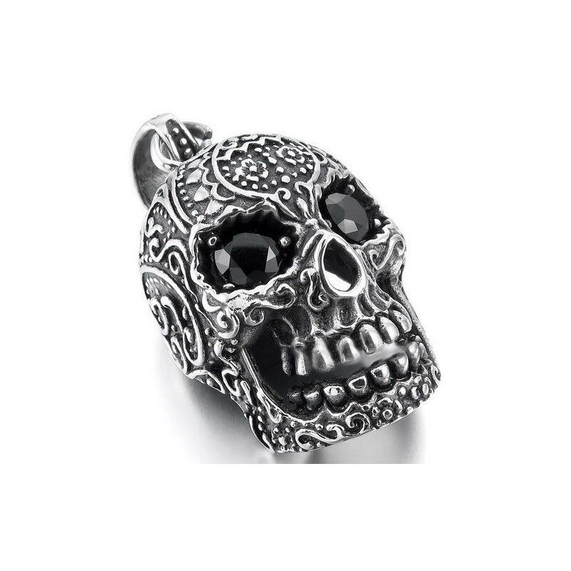 Fördeblau Totenkopf-Anhänger 'Metal' - Unisex Edelstahl und Glas Schmuck  für Gothic und Heavy Metal Fans, inklusive Kautschukband