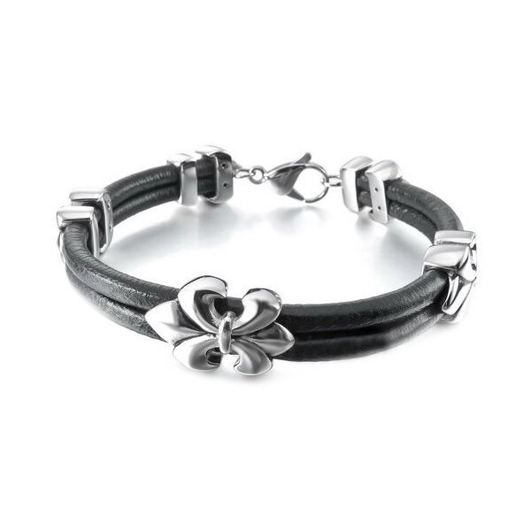 Armband Fleur des Lis 316 Edelstahl Echt Leder schwarz