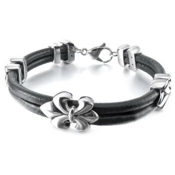 Armband Fleur des Lis 316 Edelstahl Echt Leder schwarz