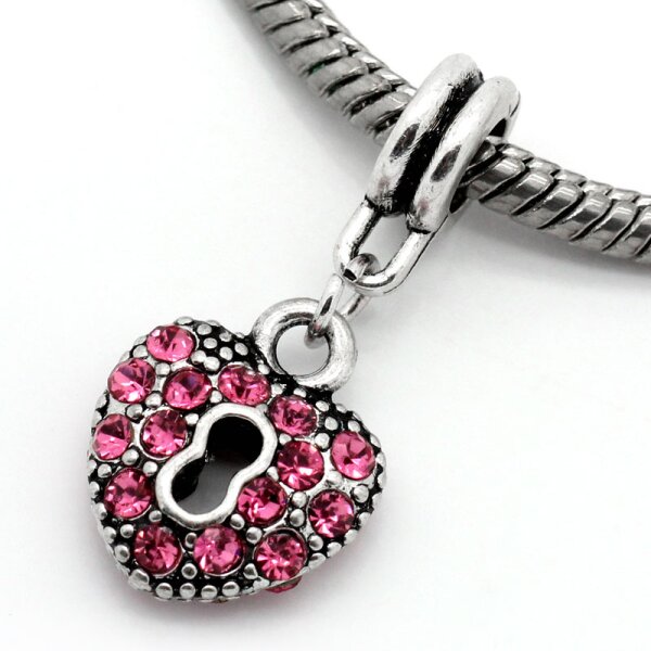 Dangle Bead Herz mit Schloss &  Strass  rosa