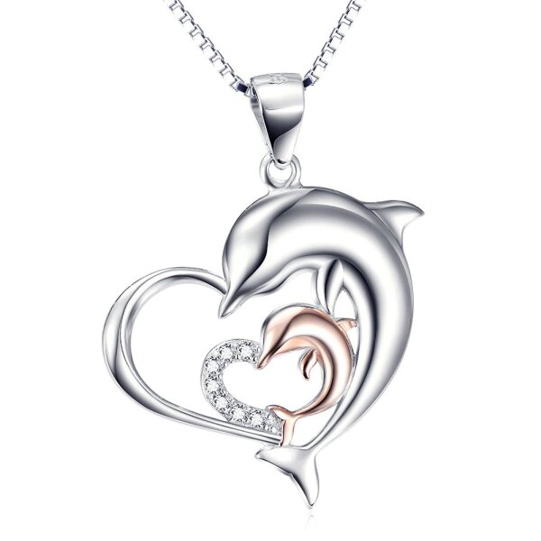 Anhänger Delfin Herz mit Zirkonias Rosegold Teil vergoldet aus 925 Silber inkl. Kette im Etui