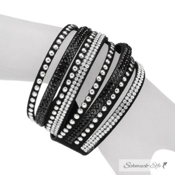 Wickel Lederarmband Glam Strass & Nieten wei silber schwarz