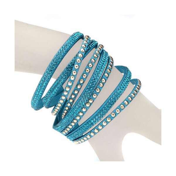 Wickel Lederarmband Glam Strass & Nieten weiß türkis gold