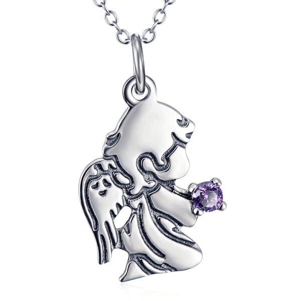 Anhnger Schutzengel mit Amethyst aus 925 Silber inkl. Gliederkette im Etui Gravur OPTION