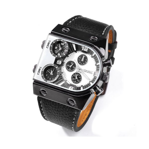 Männer Uhr GLOBE WHITE Leder Armband schwarz mit 3 Uhrwerken
