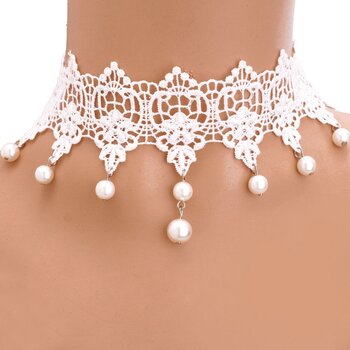 Gothic Barock Choker Collier  aus Spitze mit Perlen weiß