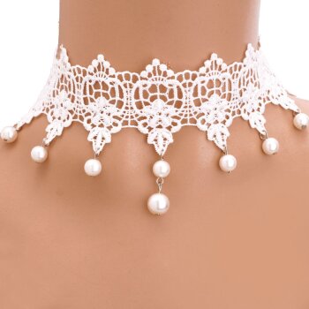 Gothic Barock Choker Collier aus Spitze mit Perlen weiß