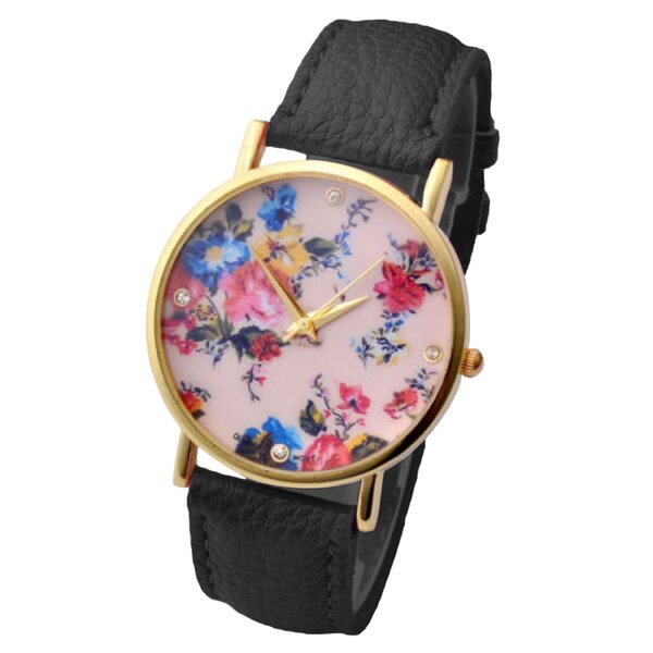 Damen Armbanduhr Blumen Meer mit Zirkonien Gelbgold PU Leder schwarz