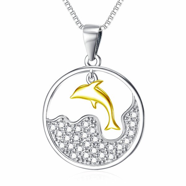 Anhänger/ Amulett  Delphin / Delfin Zirkonien Meer aus 925 Silber mit Gelbgold Teil vergoldet inkl. Kette im Etui