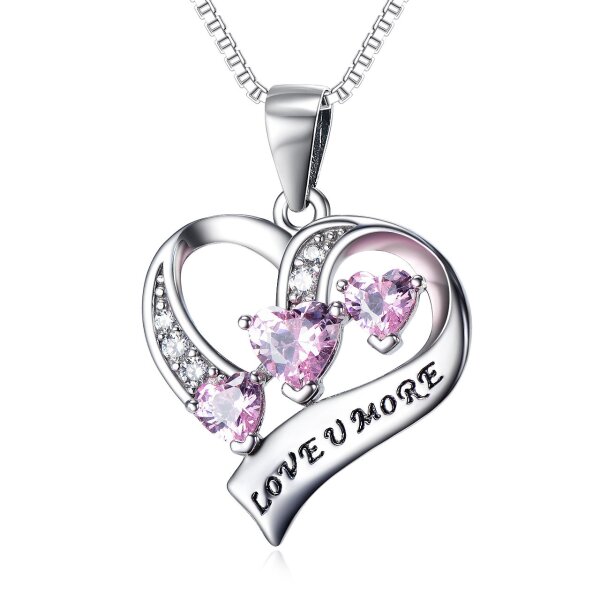 Anhnger Herz  Love you More  mit 3 Herz Zirkonien rosa aus 925 Silber inkl. Kette im Etui Gravur Option