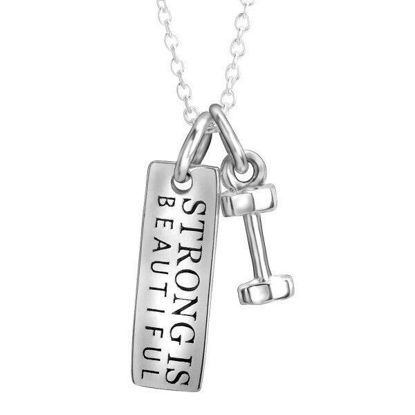 Anhnger Hantel & Dog Tag Strong is Beautiful aus 925 Silber rhodiniert inkl.Kette im Etui Gravur OPTION