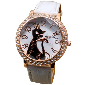Armbanduhr Katze Rosegold weiß mit Strass