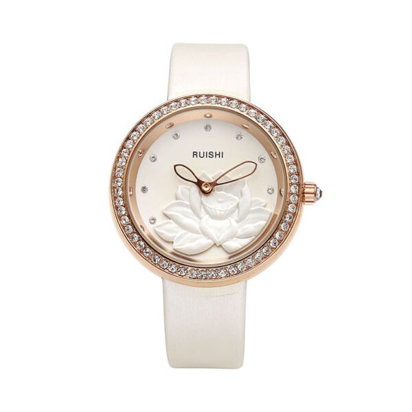 Damen Armbanduhr 3D Lotus Blüte mit Zirkonien Rosegold weiß