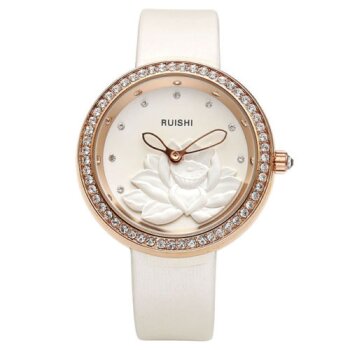 Damen Armbanduhr 3D Lotus Blüte mit Zirkonien Rosegold weiß
