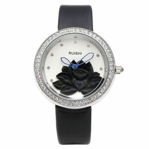 Damen Armbanduhr 3D Lotus Blüte mit Zirkonien silber schwarz