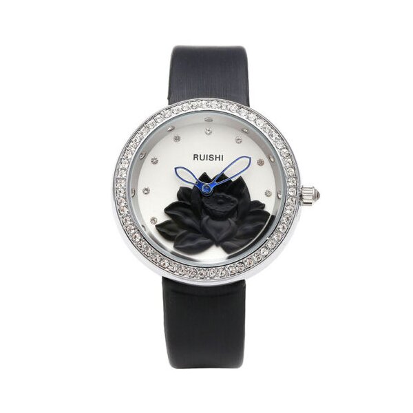 Damen Armbanduhr 3D Lotus Blüte mit Zirkonien silber schwarz