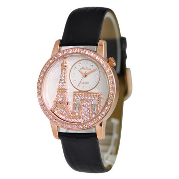 Damen Armbanduhr 3D Paris mit Zirkonien rosegold schwarz