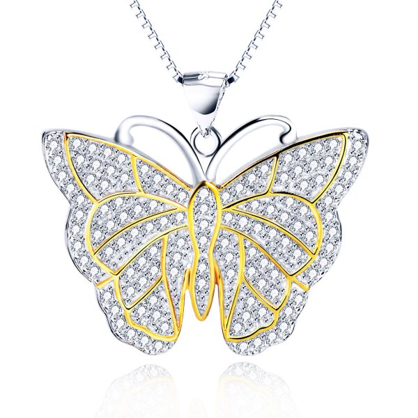 Anhänger Schmetterling Butterfly aus 925 Silber Zirkonien pave mit Gelbgold Teil vergoldet inkl. Kette im Etui
