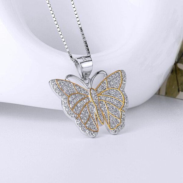 Anhänger Schmetterling Butterfly aus 925 Silber Zirkonien pave mit Gelbgold Teil vergoldet inkl. Kette im Etui